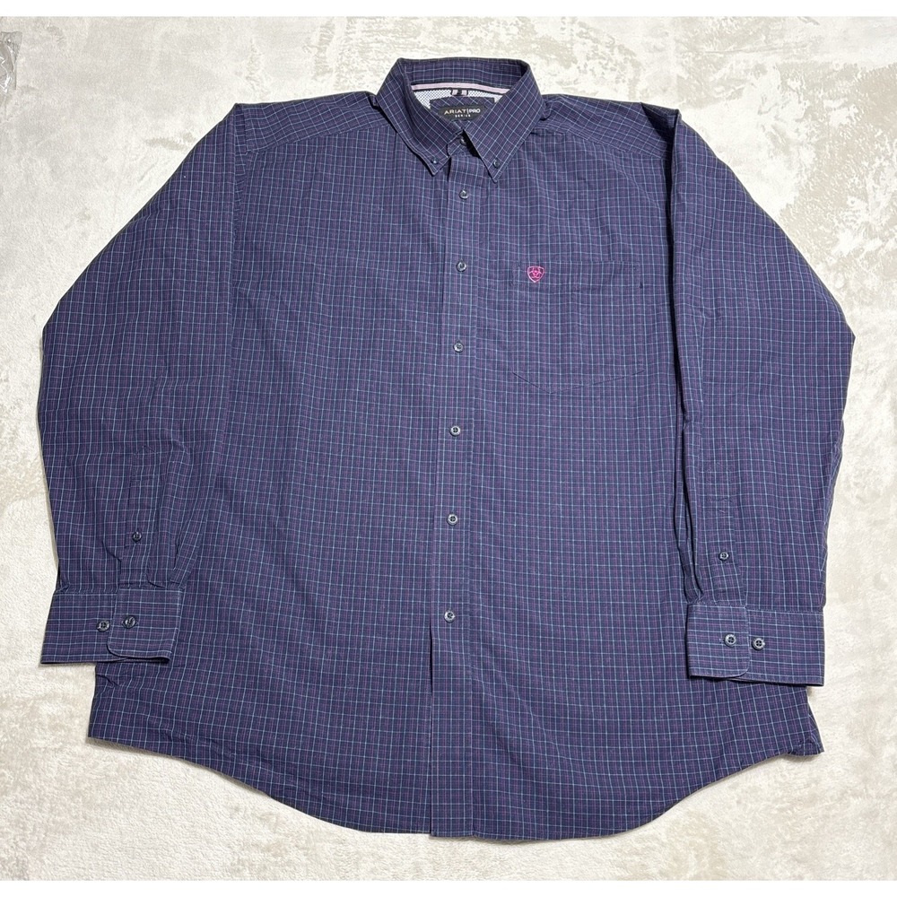 Ariat Pro Series Shirt Mens XL Blue Plaid Long Sleeve Logo Button Up